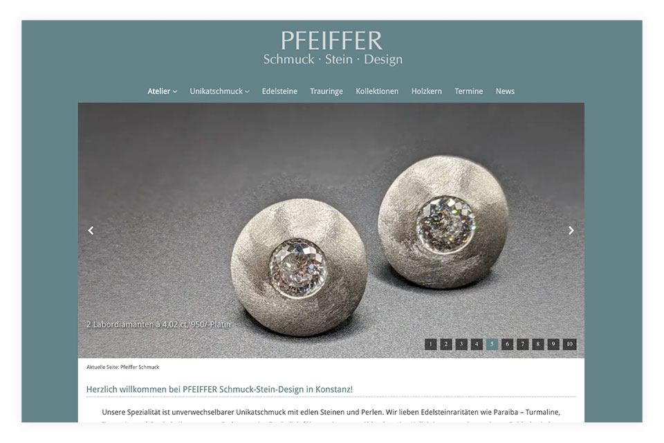 Referenz Webdesign PFEIFFER Schmuck · Stein · Design